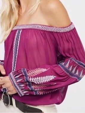 Free People Magenta Embroidered Off-Shoulder Boho Blouse